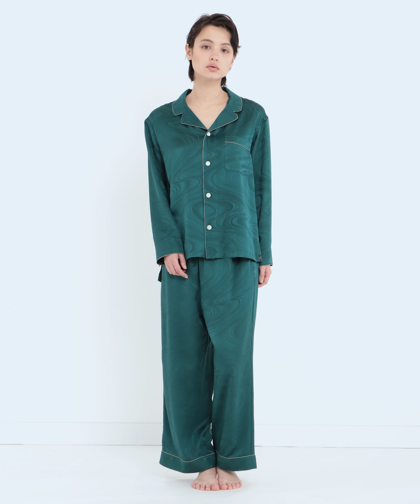 「下裝」真絲提花水紋睡衣 水紋綠