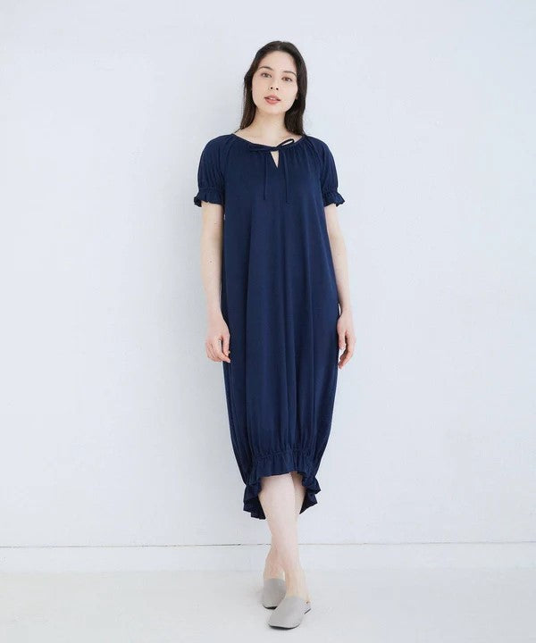 蘇文棉泡泡袖夏日洋裝 典雅藍