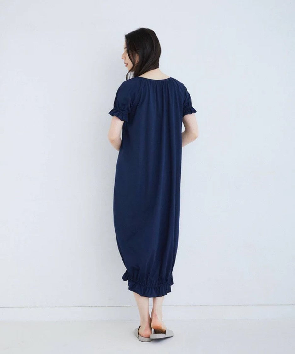蘇文棉泡泡袖夏日洋裝 典雅藍