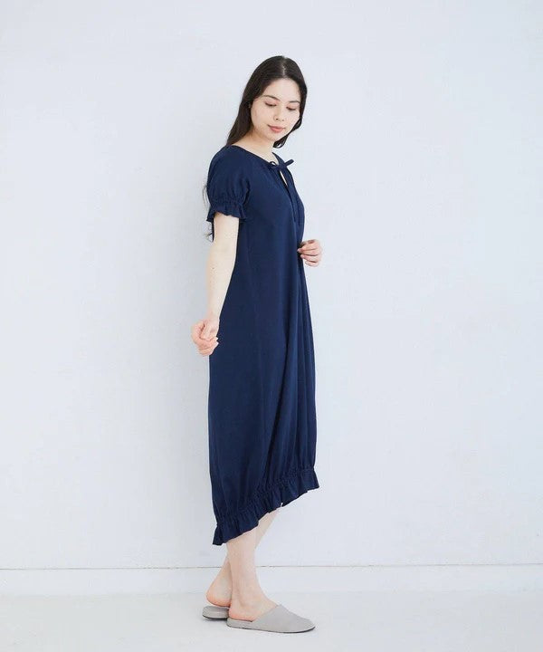 蘇文棉泡泡袖夏日洋裝 典雅藍