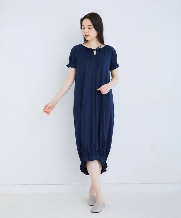 蘇文棉泡泡袖夏日洋裝 典雅藍